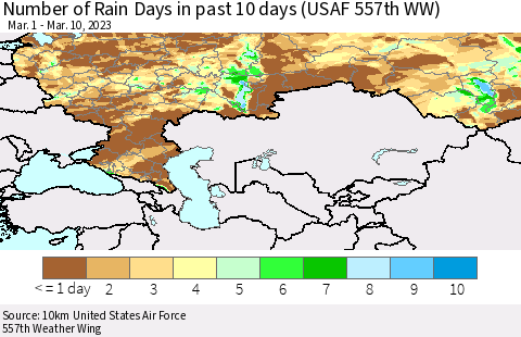Russian Federation Number of Rain Days in past 10 days (USAF 557th WW) Thematic Map For 3/6/2023 - 3/10/2023