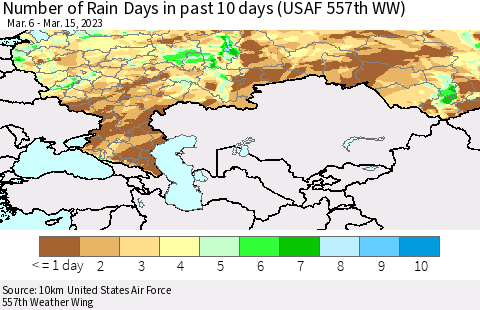 Russian Federation Number of Rain Days in past 10 days (USAF 557th WW) Thematic Map For 3/11/2023 - 3/15/2023