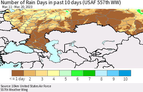 Russian Federation Number of Rain Days in past 10 days (USAF 557th WW) Thematic Map For 3/16/2023 - 3/20/2023