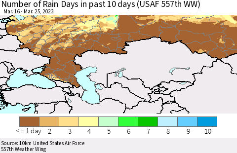 Russian Federation Number of Rain Days in past 10 days (USAF 557th WW) Thematic Map For 3/21/2023 - 3/25/2023