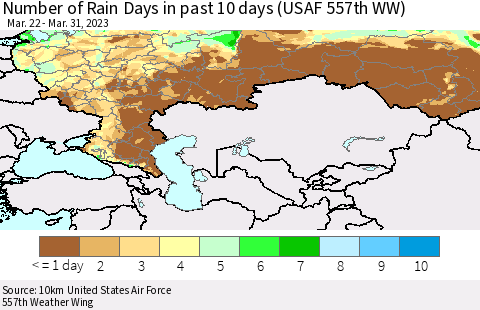Russian Federation Number of Rain Days in past 10 days (USAF 557th WW) Thematic Map For 3/26/2023 - 3/31/2023