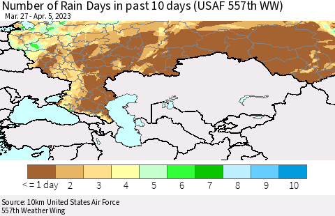 Russian Federation Number of Rain Days in past 10 days (USAF 557th WW) Thematic Map For 4/1/2023 - 4/5/2023
