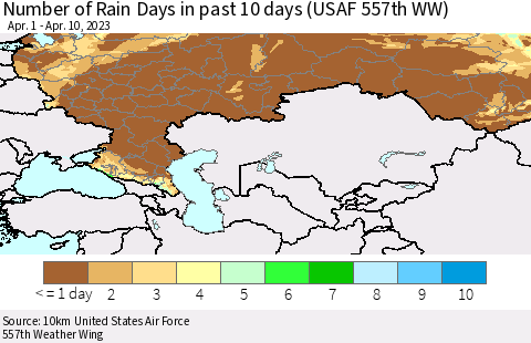 Russian Federation Number of Rain Days in past 10 days (USAF 557th WW) Thematic Map For 4/6/2023 - 4/10/2023