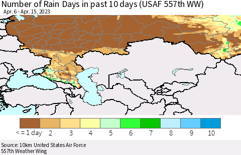 Russian Federation Number of Rain Days in past 10 days (USAF 557th WW) Thematic Map For 4/11/2023 - 4/15/2023