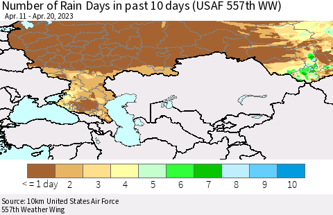 Russian Federation Number of Rain Days in past 10 days (USAF 557th WW) Thematic Map For 4/16/2023 - 4/20/2023