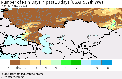 Russian Federation Number of Rain Days in past 10 days (USAF 557th WW) Thematic Map For 4/21/2023 - 4/25/2023