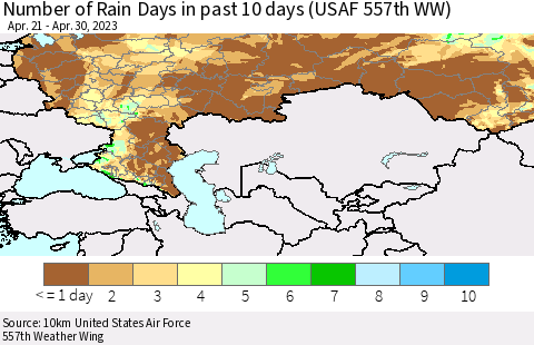 Russian Federation Number of Rain Days in past 10 days (USAF 557th WW) Thematic Map For 4/26/2023 - 4/30/2023