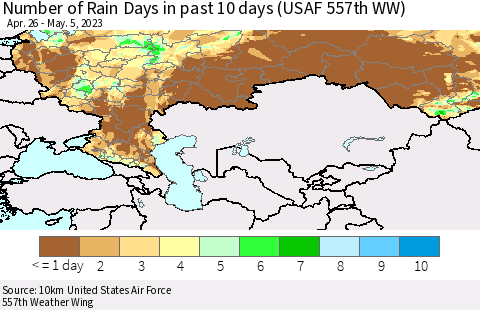Russian Federation Number of Rain Days in past 10 days (USAF 557th WW) Thematic Map For 5/1/2023 - 5/5/2023