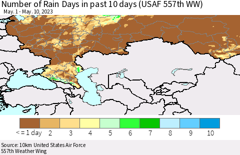 Russian Federation Number of Rain Days in past 10 days (USAF 557th WW) Thematic Map For 5/6/2023 - 5/10/2023