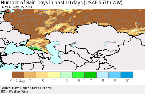 Russian Federation Number of Rain Days in past 10 days (USAF 557th WW) Thematic Map For 5/11/2023 - 5/15/2023