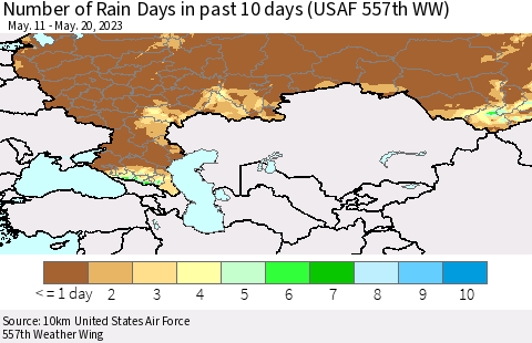 Russian Federation Number of Rain Days in past 10 days (USAF 557th WW) Thematic Map For 5/16/2023 - 5/20/2023