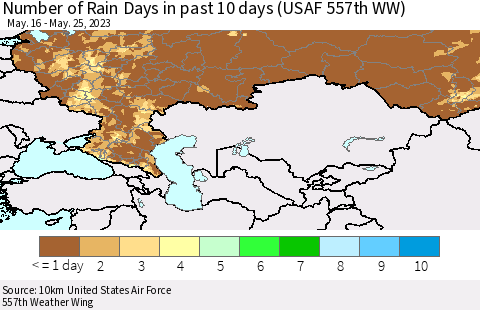 Russian Federation Number of Rain Days in past 10 days (USAF 557th WW) Thematic Map For 5/21/2023 - 5/25/2023