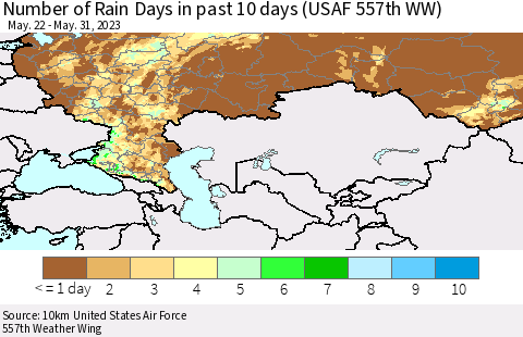 Russian Federation Number of Rain Days in past 10 days (USAF 557th WW) Thematic Map For 5/26/2023 - 5/31/2023
