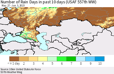 Russian Federation Number of Rain Days in past 10 days (USAF 557th WW) Thematic Map For 6/1/2023 - 6/5/2023