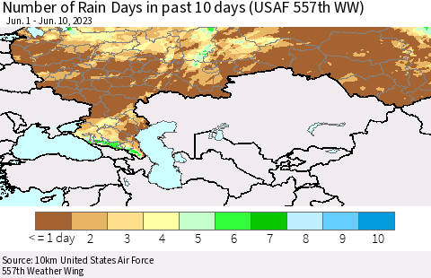 Russian Federation Number of Rain Days in past 10 days (USAF 557th WW) Thematic Map For 6/6/2023 - 6/10/2023