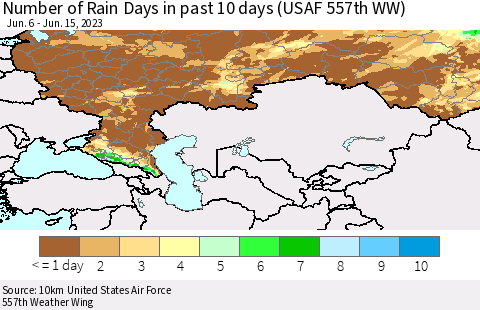 Russian Federation Number of Rain Days in past 10 days (USAF 557th WW) Thematic Map For 6/11/2023 - 6/15/2023