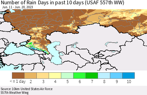 Russian Federation Number of Rain Days in past 10 days (USAF 557th WW) Thematic Map For 6/16/2023 - 6/20/2023
