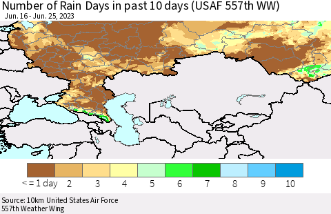 Russian Federation Number of Rain Days in past 10 days (USAF 557th WW) Thematic Map For 6/21/2023 - 6/25/2023