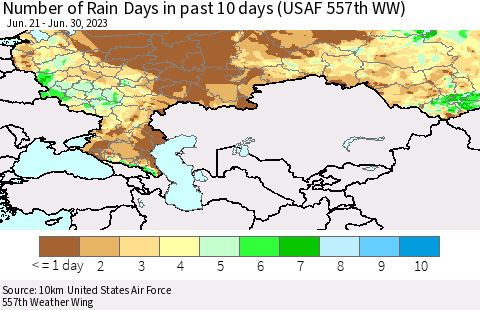 Russian Federation Number of Rain Days in past 10 days (USAF 557th WW) Thematic Map For 6/26/2023 - 6/30/2023