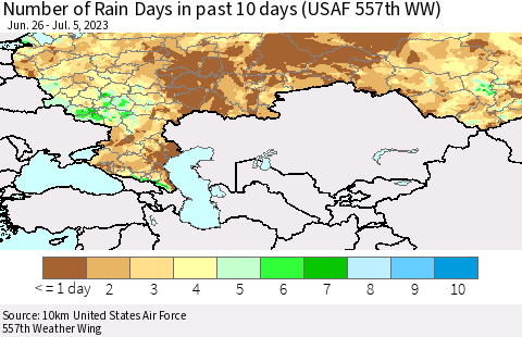 Russian Federation Number of Rain Days in past 10 days (USAF 557th WW) Thematic Map For 7/1/2023 - 7/5/2023