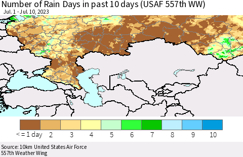 Russian Federation Number of Rain Days in past 10 days (USAF 557th WW) Thematic Map For 7/6/2023 - 7/10/2023
