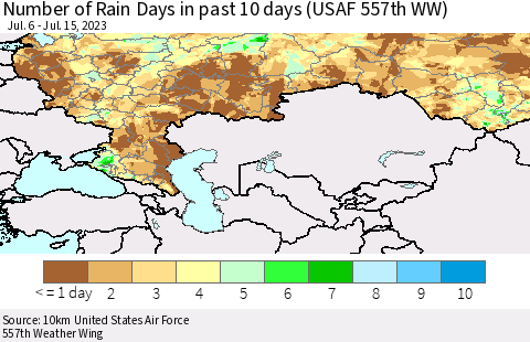 Russian Federation Number of Rain Days in past 10 days (USAF 557th WW) Thematic Map For 7/11/2023 - 7/15/2023