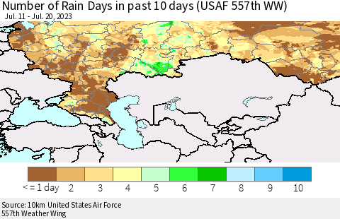 Russian Federation Number of Rain Days in past 10 days (USAF 557th WW) Thematic Map For 7/16/2023 - 7/20/2023
