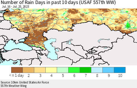 Russian Federation Number of Rain Days in past 10 days (USAF 557th WW) Thematic Map For 7/21/2023 - 7/25/2023