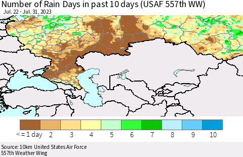 Russian Federation Number of Rain Days in past 10 days (USAF 557th WW) Thematic Map For 7/26/2023 - 7/31/2023
