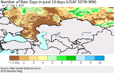 Russian Federation Number of Rain Days in past 10 days (USAF 557th WW) Thematic Map For 8/1/2023 - 8/5/2023