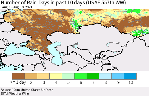 Russian Federation Number of Rain Days in past 10 days (USAF 557th WW) Thematic Map For 8/6/2023 - 8/10/2023