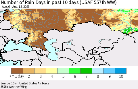 Russian Federation Number of Rain Days in past 10 days (USAF 557th WW) Thematic Map For 8/11/2023 - 8/15/2023