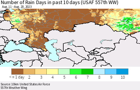 Russian Federation Number of Rain Days in past 10 days (USAF 557th WW) Thematic Map For 8/16/2023 - 8/20/2023
