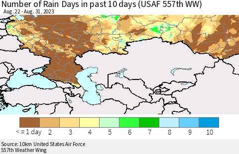 Russian Federation Number of Rain Days in past 10 days (USAF 557th WW) Thematic Map For 8/26/2023 - 8/31/2023