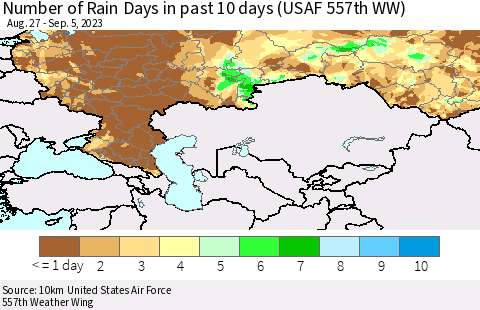 Russian Federation Number of Rain Days in past 10 days (USAF 557th WW) Thematic Map For 9/1/2023 - 9/5/2023