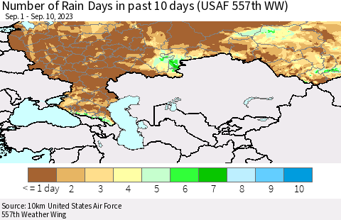Russian Federation Number of Rain Days in past 10 days (USAF 557th WW) Thematic Map For 9/6/2023 - 9/10/2023