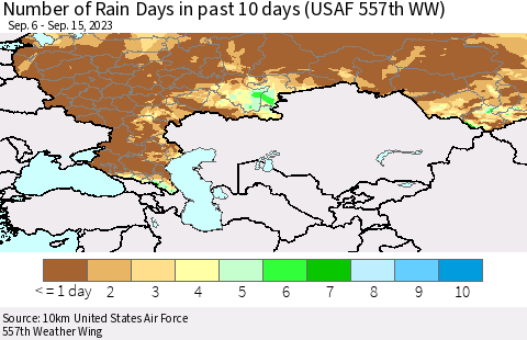 Russian Federation Number of Rain Days in past 10 days (USAF 557th WW) Thematic Map For 9/11/2023 - 9/15/2023