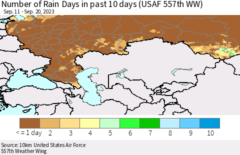 Russian Federation Number of Rain Days in past 10 days (USAF 557th WW) Thematic Map For 9/16/2023 - 9/20/2023