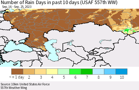 Russian Federation Number of Rain Days in past 10 days (USAF 557th WW) Thematic Map For 9/21/2023 - 9/25/2023