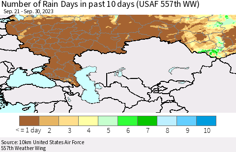 Russian Federation Number of Rain Days in past 10 days (USAF 557th WW) Thematic Map For 9/26/2023 - 9/30/2023