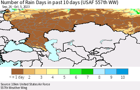 Russian Federation Number of Rain Days in past 10 days (USAF 557th WW) Thematic Map For 10/1/2023 - 10/5/2023