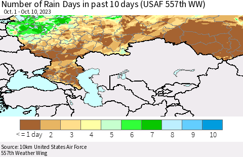 Russian Federation Number of Rain Days in past 10 days (USAF 557th WW) Thematic Map For 10/6/2023 - 10/10/2023