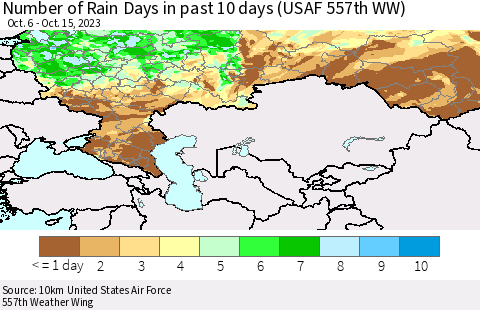 Russian Federation Number of Rain Days in past 10 days (USAF 557th WW) Thematic Map For 10/11/2023 - 10/15/2023