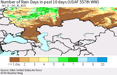 Russian Federation Number of Rain Days in past 10 days (USAF 557th WW) Thematic Map For 10/16/2023 - 10/20/2023