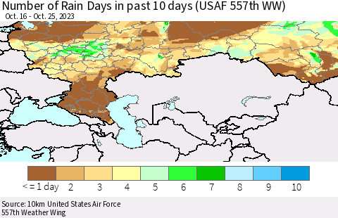 Russian Federation Number of Rain Days in past 10 days (USAF 557th WW) Thematic Map For 10/21/2023 - 10/25/2023