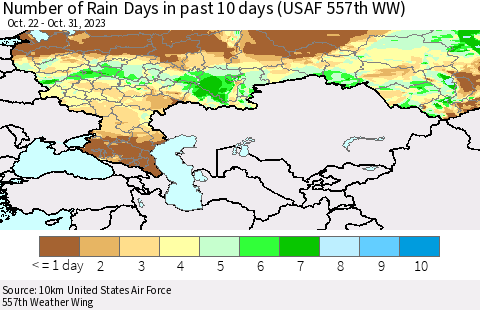 Russian Federation Number of Rain Days in past 10 days (USAF 557th WW) Thematic Map For 10/26/2023 - 10/31/2023