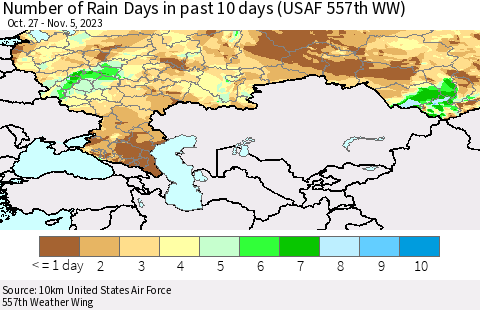 Russian Federation Number of Rain Days in past 10 days (USAF 557th WW) Thematic Map For 11/1/2023 - 11/5/2023