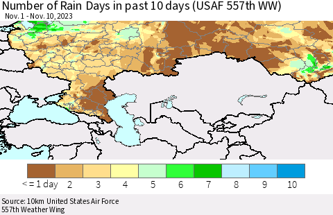 Russian Federation Number of Rain Days in past 10 days (USAF 557th WW) Thematic Map For 11/6/2023 - 11/10/2023