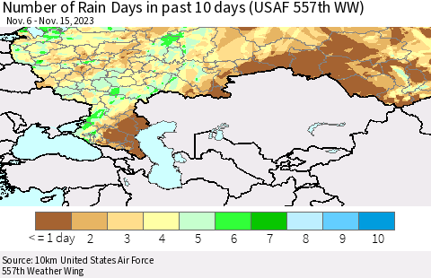 Russian Federation Number of Rain Days in past 10 days (USAF 557th WW) Thematic Map For 11/11/2023 - 11/15/2023