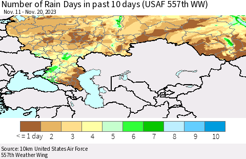 Russian Federation Number of Rain Days in past 10 days (USAF 557th WW) Thematic Map For 11/16/2023 - 11/20/2023